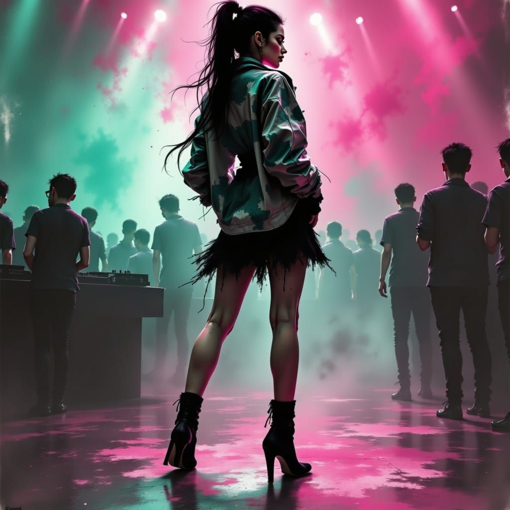 Ethereal Nightclub Scene in Japanese Ink Brush Style