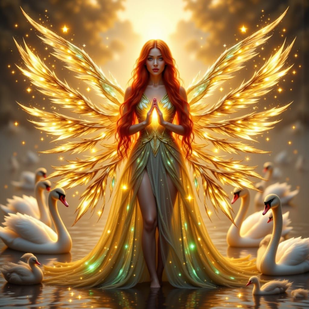 Divine Swan Goddess in Stained-Glass Gown Under Aurora