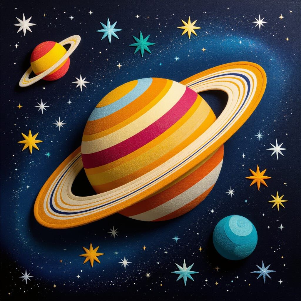 Felt Saturn and Stars in Cosmic Illustration