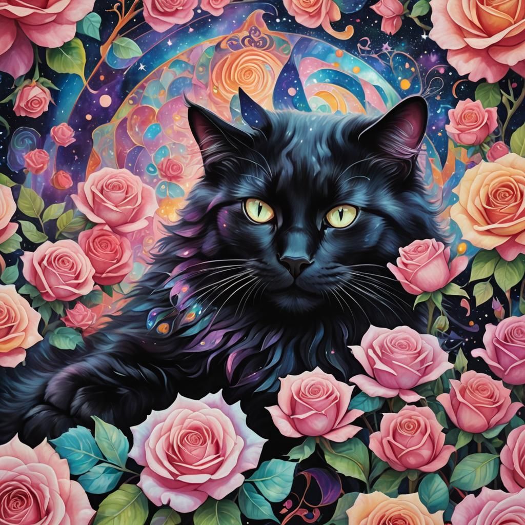 Cosmic Black Cat Resting on Roses, Astral Illustration
