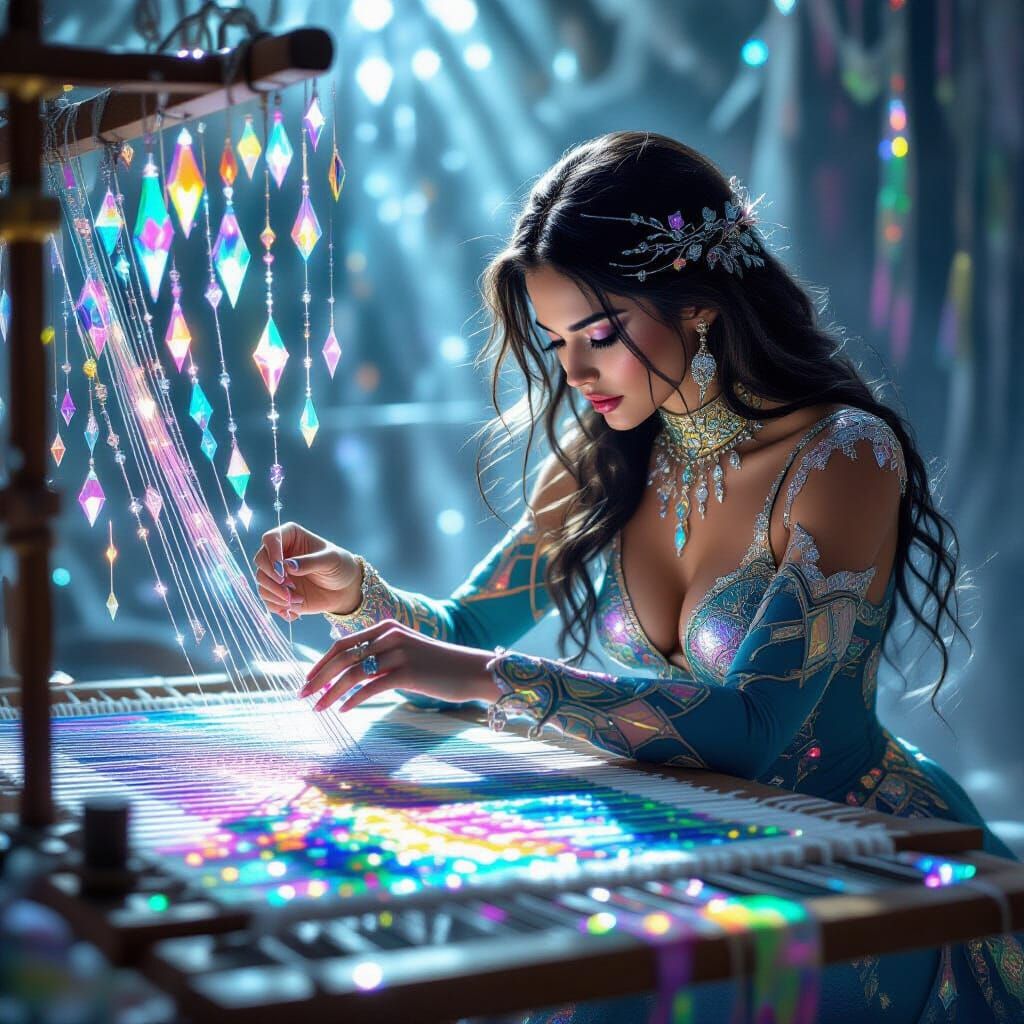 Spider-Woman Weaves Crystal Threads on Glass Loom