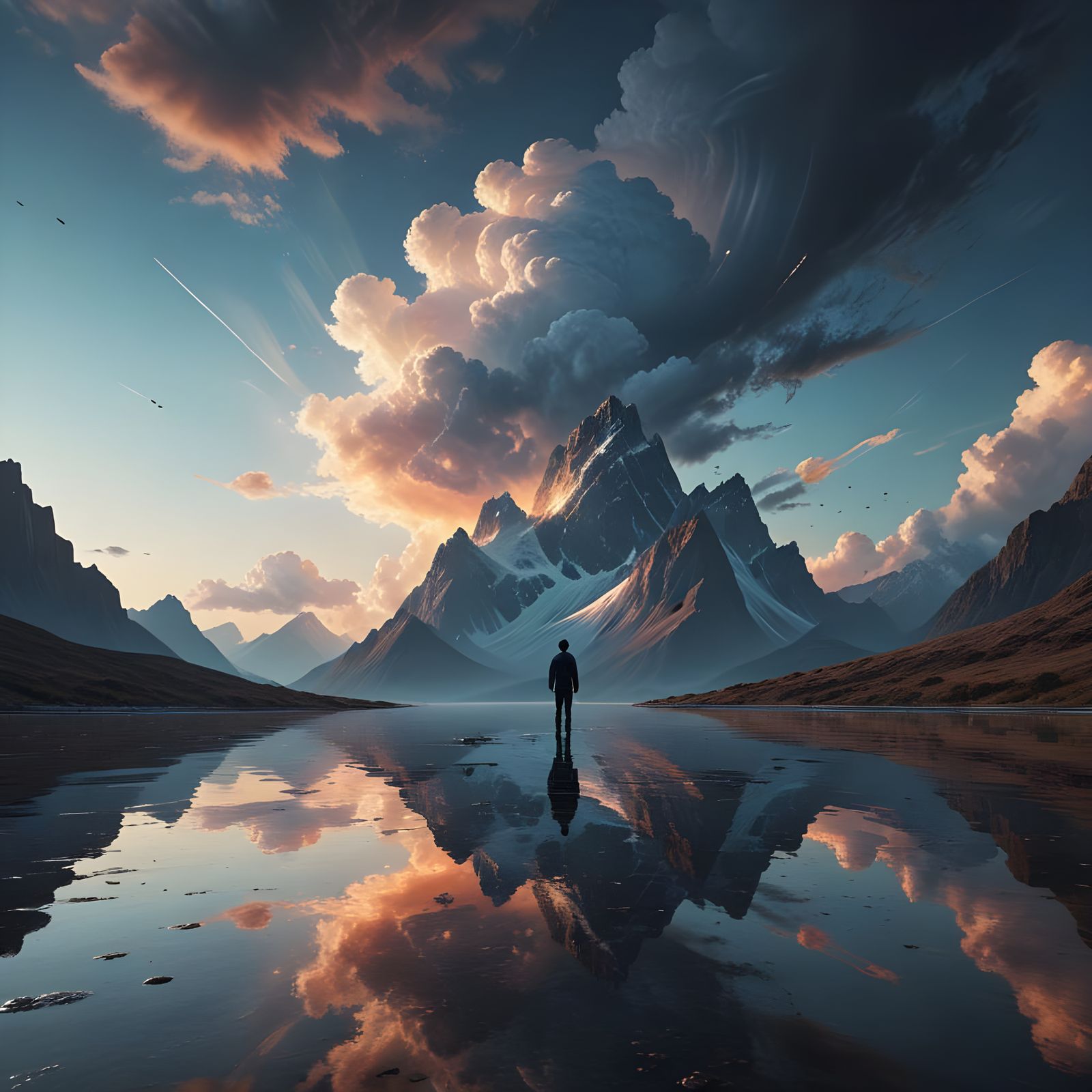A solitary figure stands on a vast reflective surface that m...