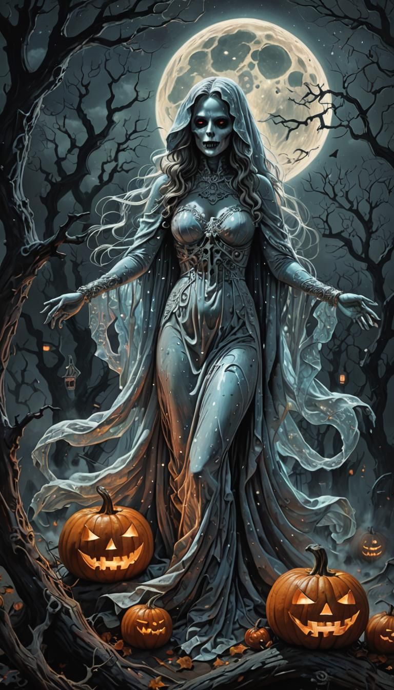 Halloween Ghost Pinup in Cosmic Horror Style