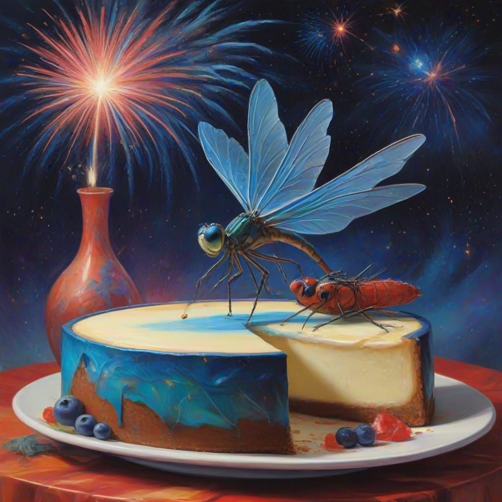 Dragonfly Lands on Cheesecake Spaceship Amidst Blue Firework...
