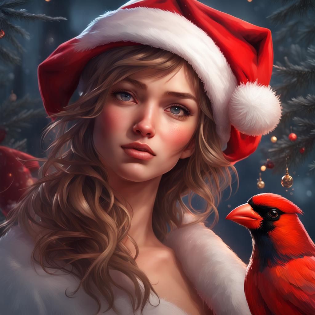 Christmas Girl with Cardinal: Hyperdetailed Portrait