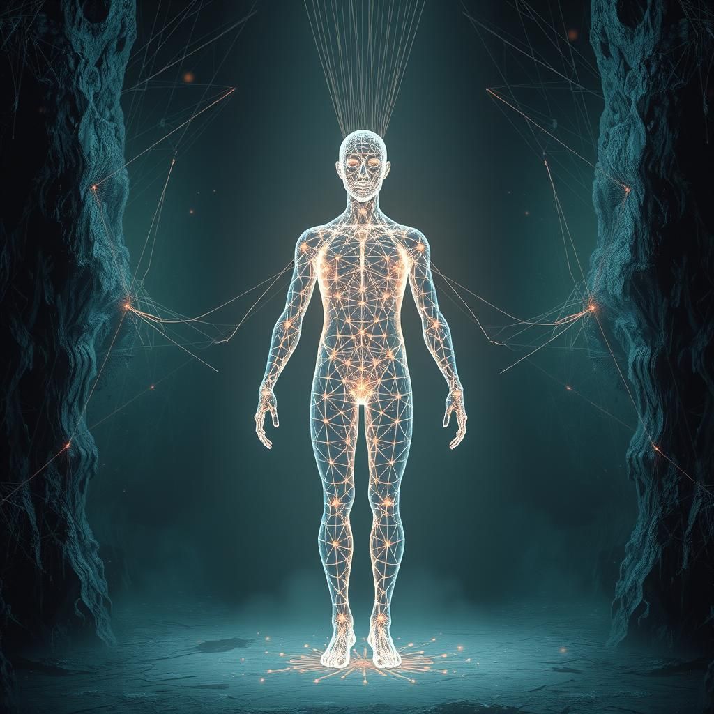 Luminous Humanoid Figure in Mystical Environment