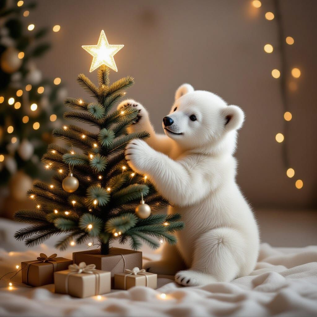 Cute Polar Bear Cub Decorates Christmas Tree with Star