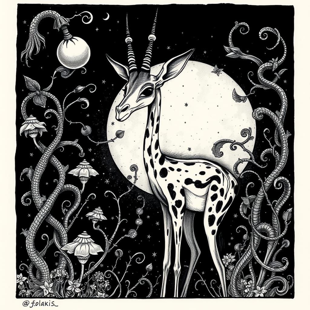 Gerenuk in Mystical Landscape Ink Drawing