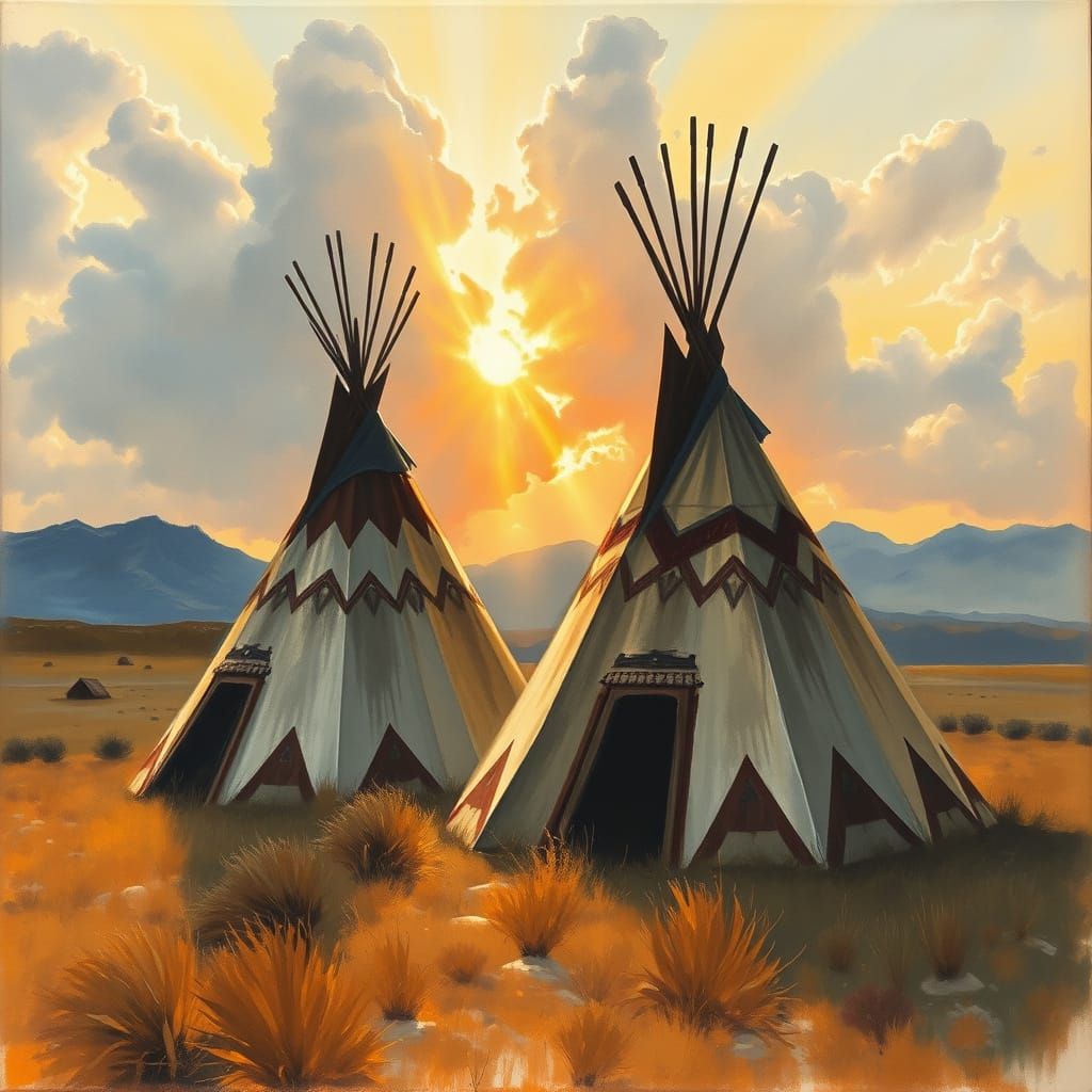 Native American Landscape in Impressionistic Gouache Style