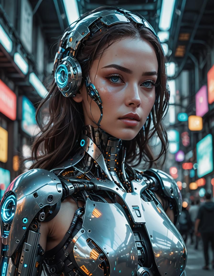 Futuristic Cyborg Woman with Transparent Body in Cyberpunk S...