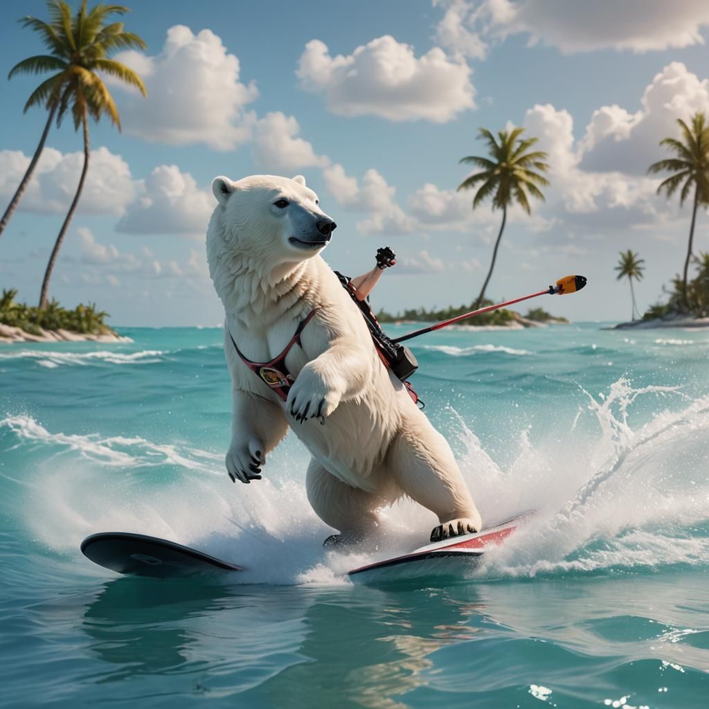 Polar Bear Water Skiing: Detailed 3D Anime Art