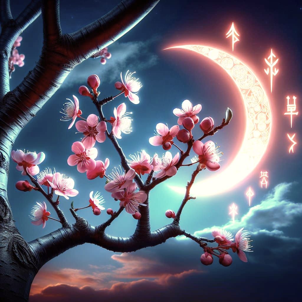 Serene Nighttime Scene with Crescent Moon and Cherry Blossom...