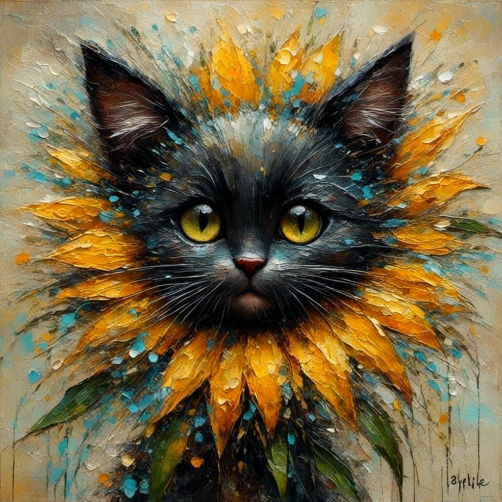 Cute Black Cat Playing with Sunflower Impasto
