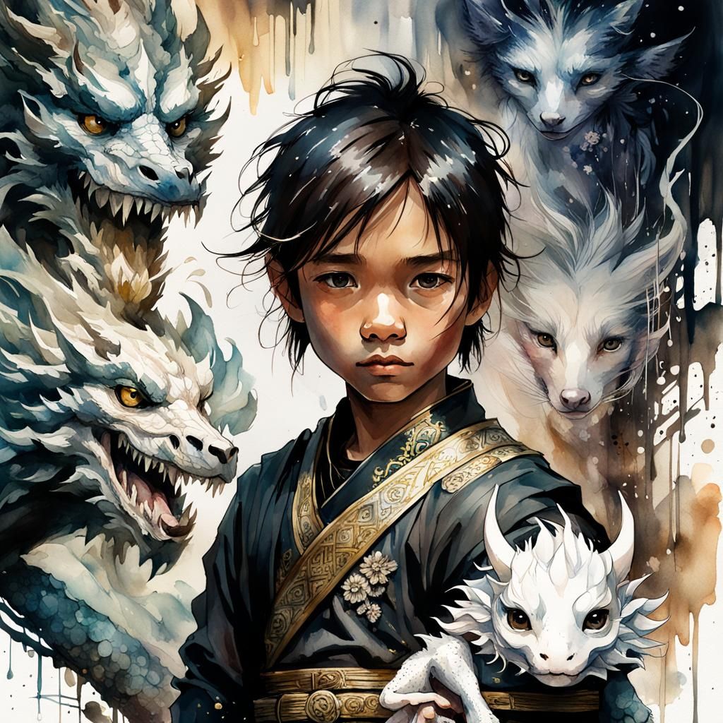 Chibi Chinese Boy with Dragon Watercolor Portrait