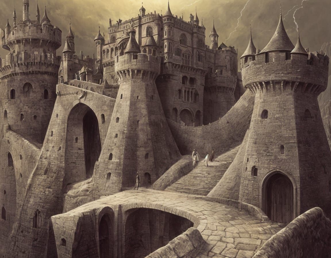 Dreamlike Castle with Twisted Forms and Figures
