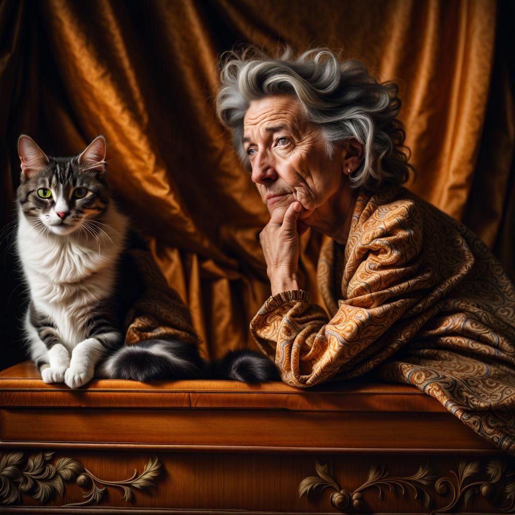 Cats, Hearts, and Antique Furniture in Dreamlike Portrait