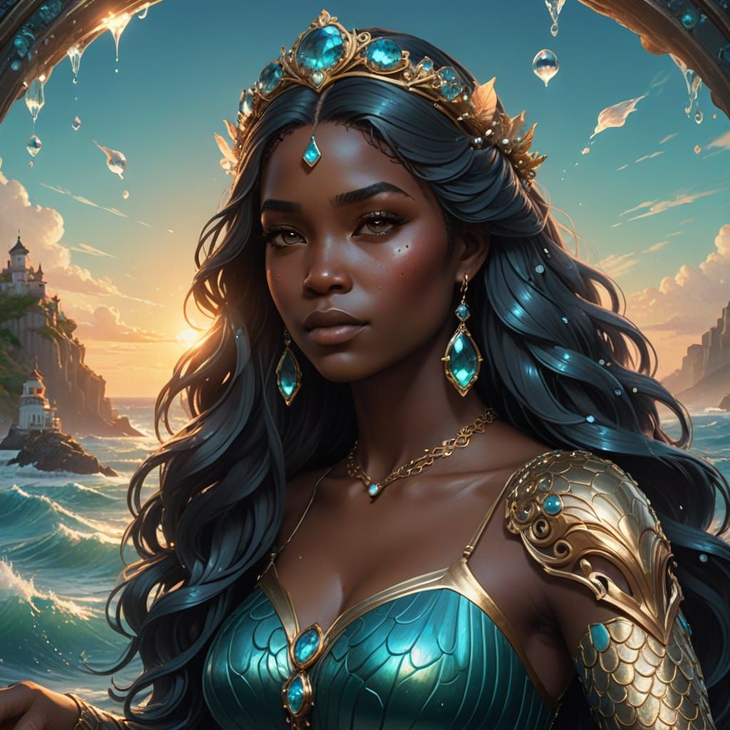 Ethereal Black Mermaid Goddess in Sunset Ocean