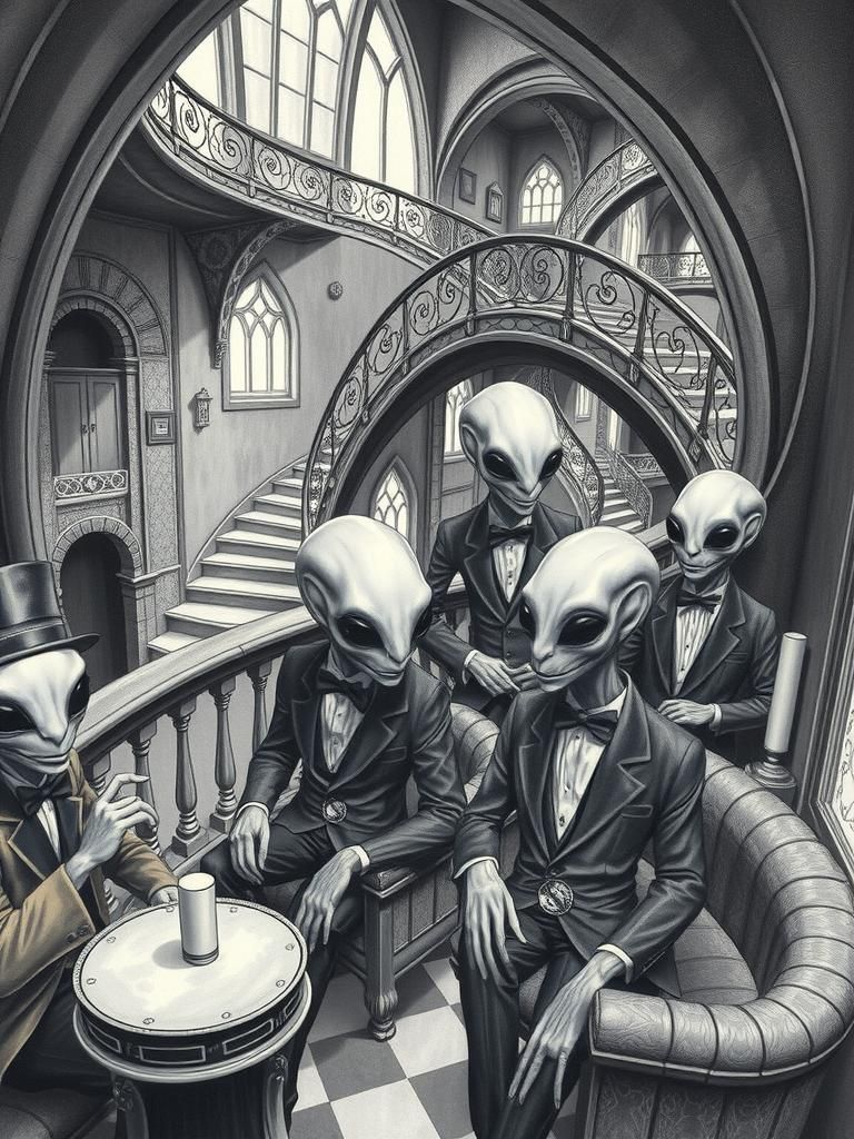 A group of aliens dressed in Victorian-style MC Escher.