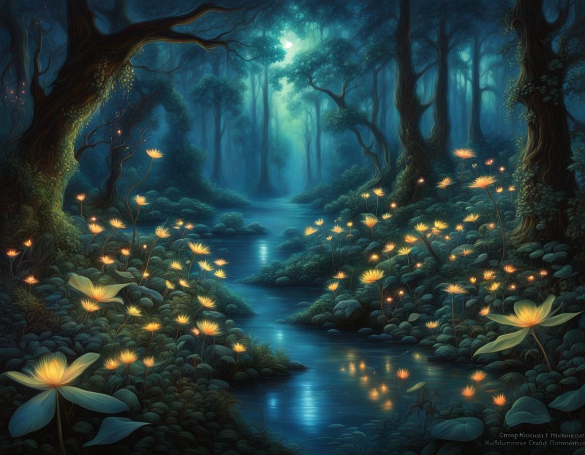 Ethereal Bioluminescent Forest at Night in Detailed Matte Pa...