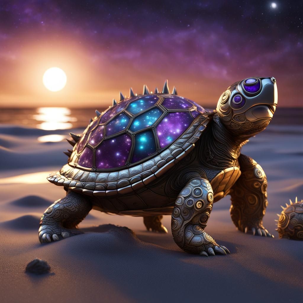 Steampunk Turtle with Amethyst Shell Under Moonlight