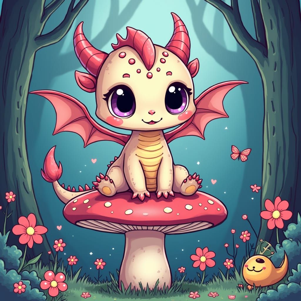 Kawaii-Gothic Chibi Dragon in Magical Forest