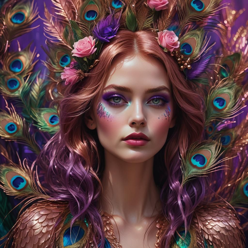 Rose Gold Woman with Peacock Feathers, Digital Art