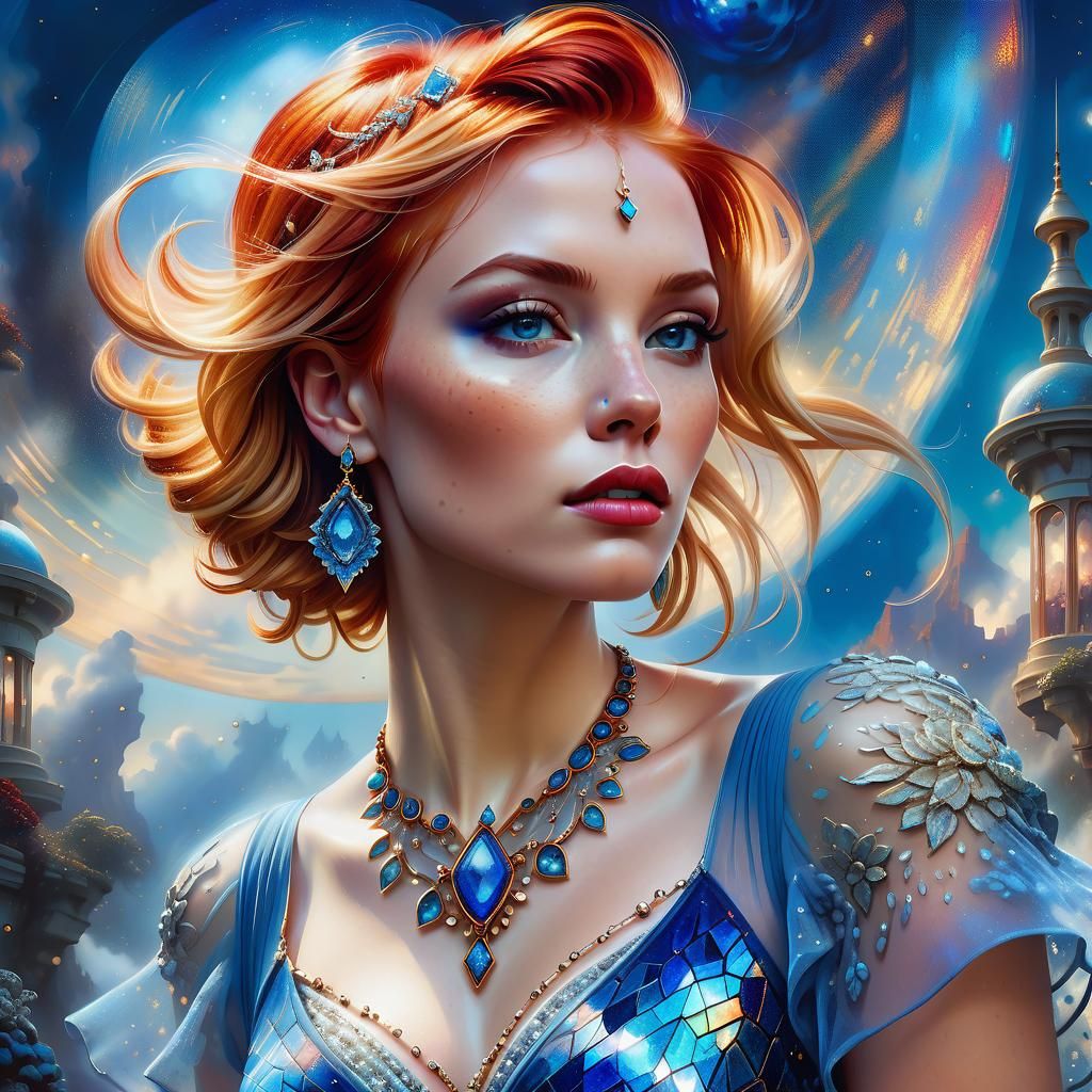 Young women with Short Blond Red hair in a Blue Dress