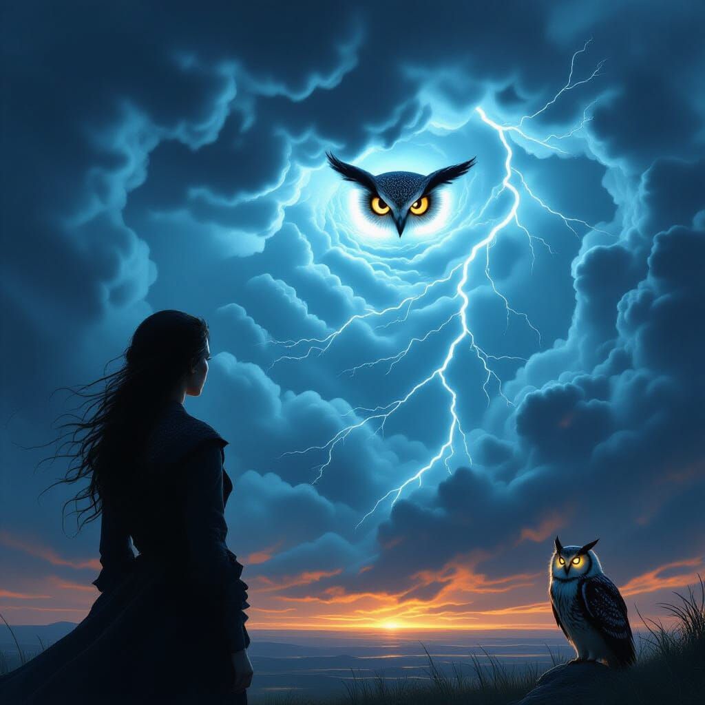 Stoic Woman Faces Storm with Owl, Surreal Gothic Art