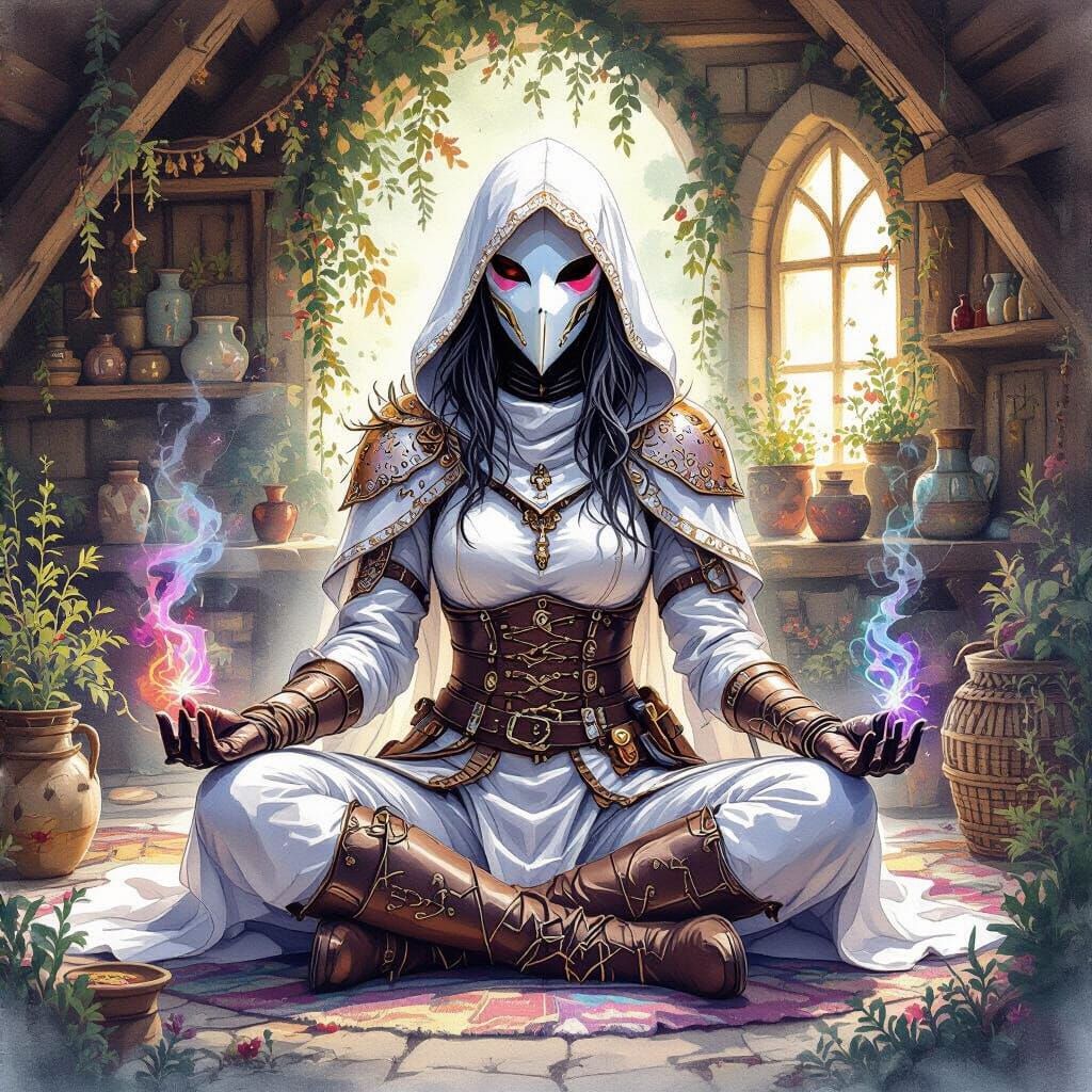 Zen Plague Doctor Meditating in Herbalist Cottage
