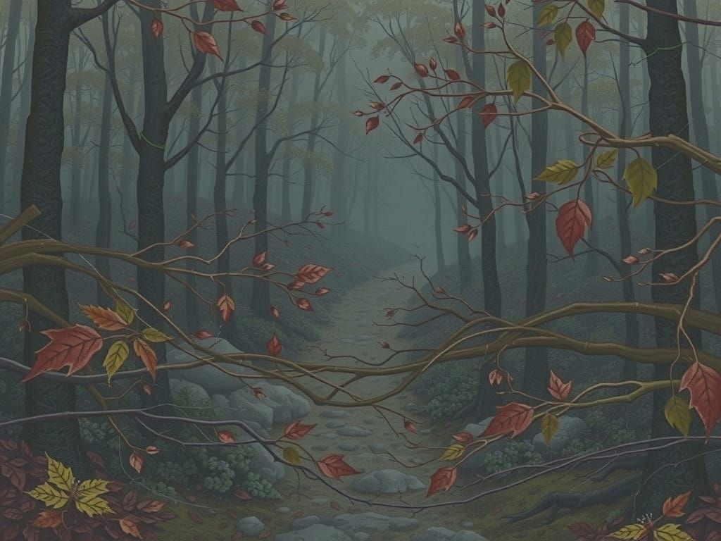 Dreamlike Whimsical Forest Scene in Golden Nocturnal Light