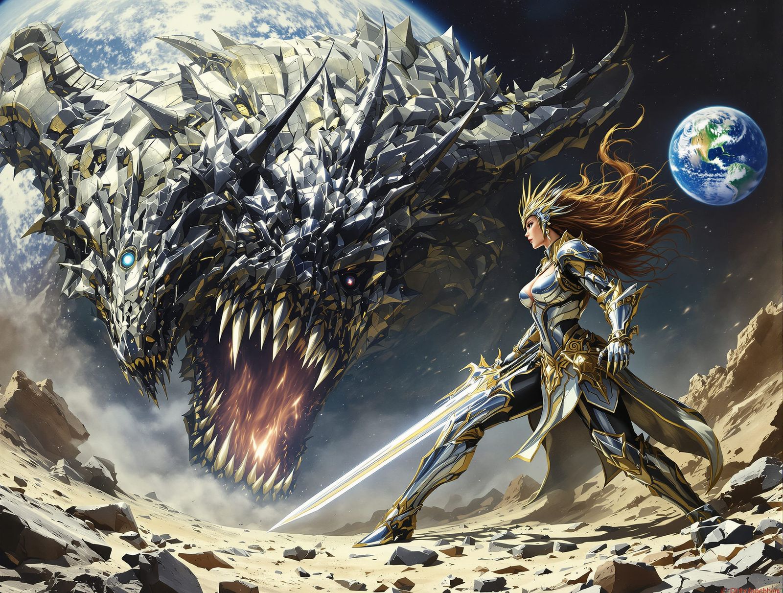 Epic Fantasy Knight Battles Biomechanical Dragon on Shattere...