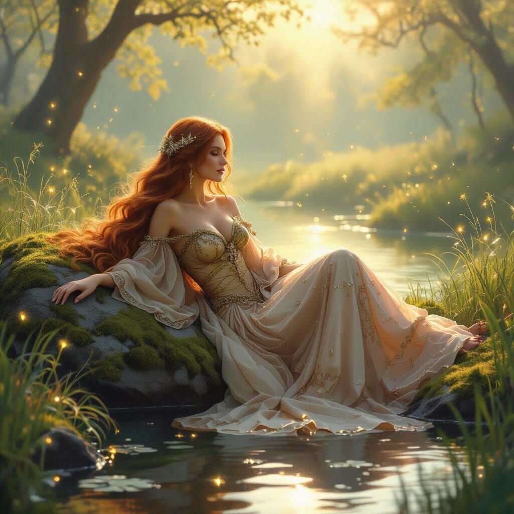 A whimsical scene unfolds in a sun-drenched meadow, where a ...