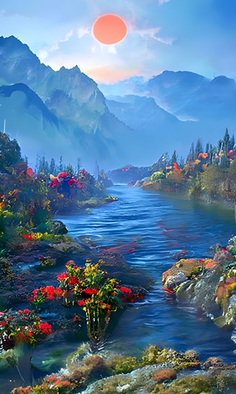 Autumn River Landscape in Canada, Detailed Painting