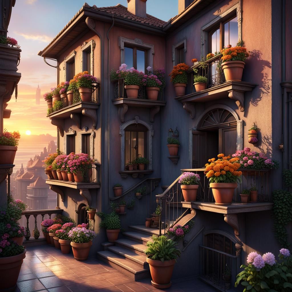 Dreamy Two-Story House at Sunrise: Fantasy Concept Art