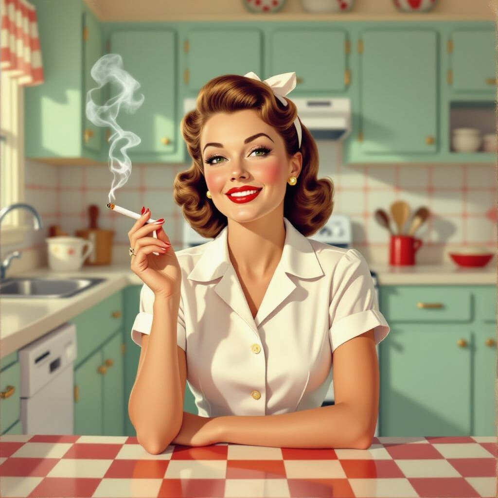 1950s Housewife Smoking in Kitchen, Norman Rockwell Style