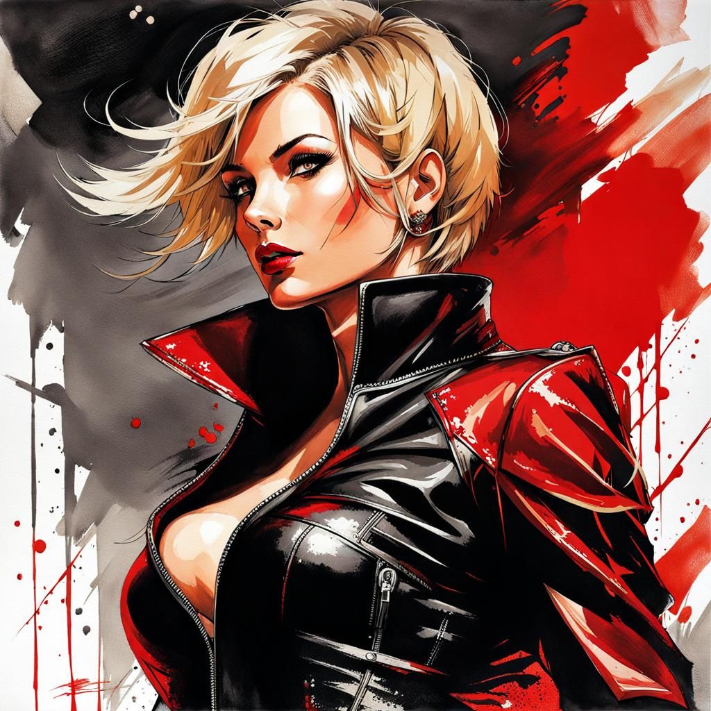 Italian Woman in Red Lingerie Ink Painting