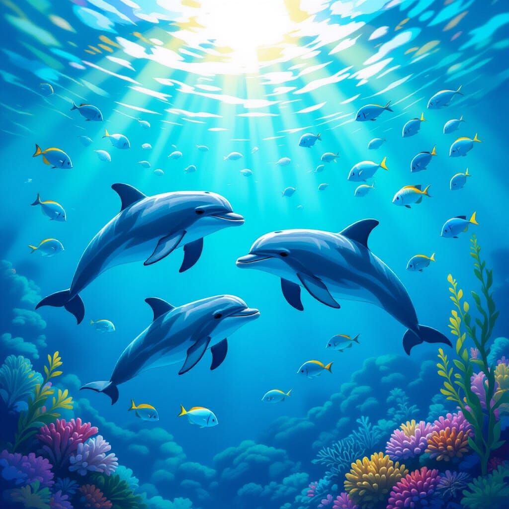 Playful Baby Dolphin With Family in Vibrant Coral Reef