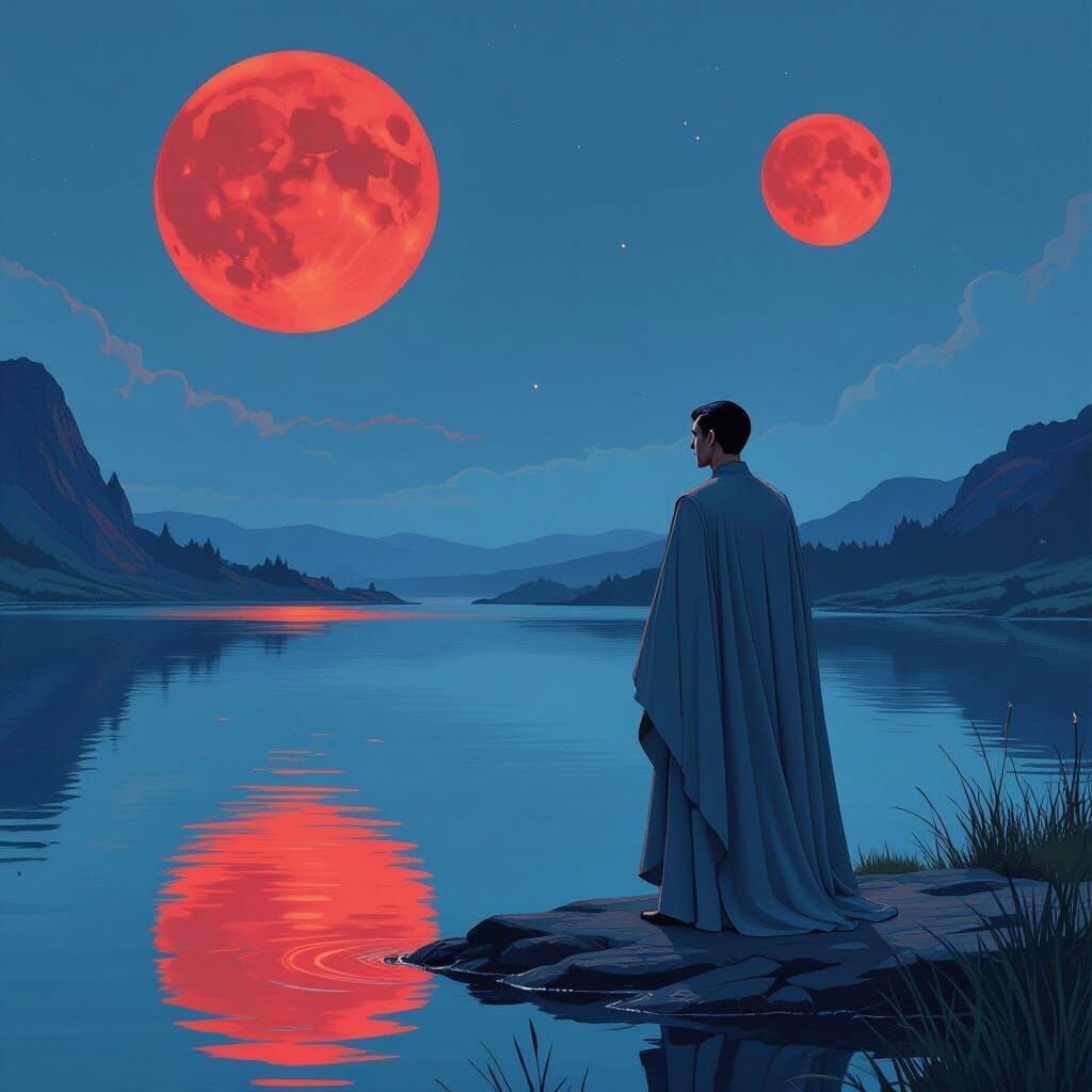 Vulcan Man Gazes at Red Moons Over Glass Lake