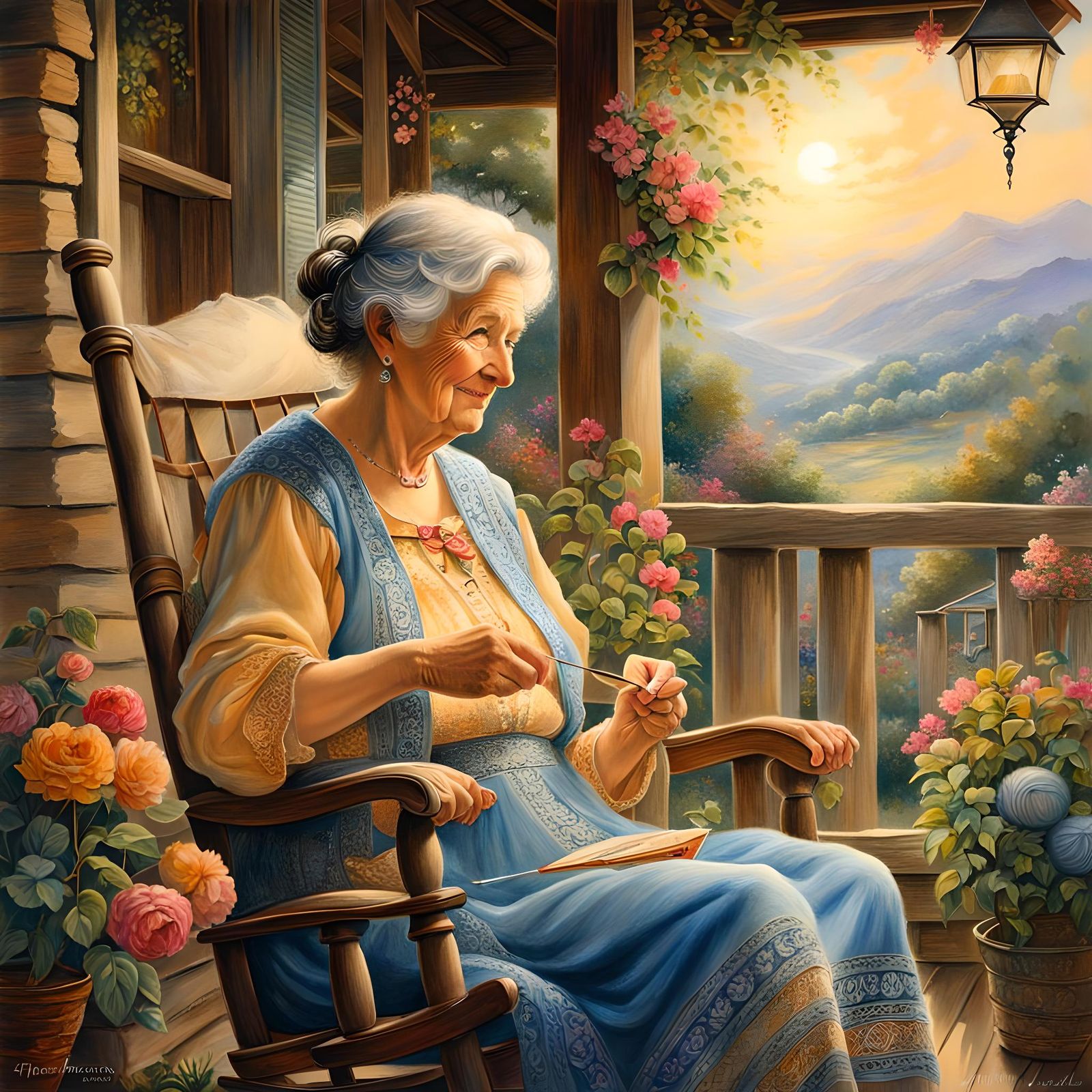 Charming Old Woman Knitting: Watercolor Style