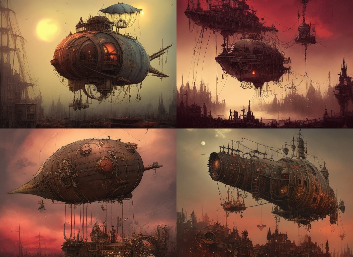Steampunk Airships in Red Sky: Gritty Watercolor Art