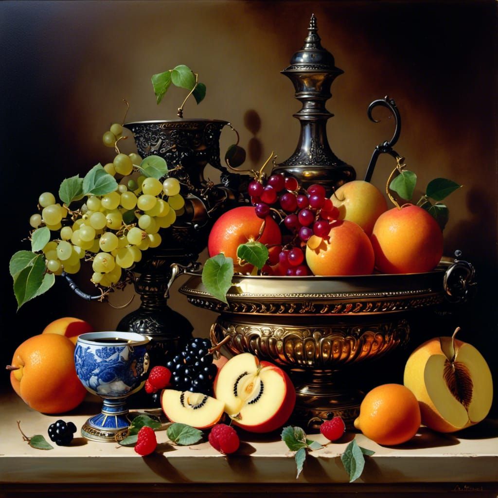 Ornate Rustic Still Life Oil Painting