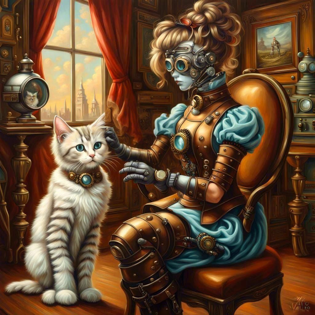 Steampunk Cyborg Girl with Kitten in Mansion