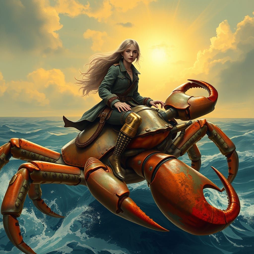 Pirate Girl Rides Crab on Sunburnt Horizon