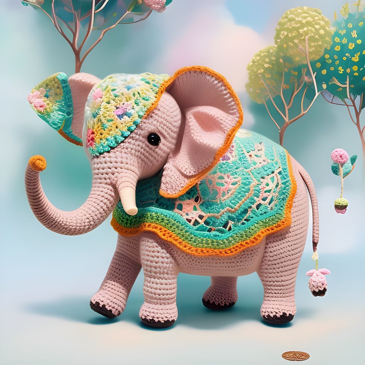 Cute Crochet Elephant with Flowers, Digital Art