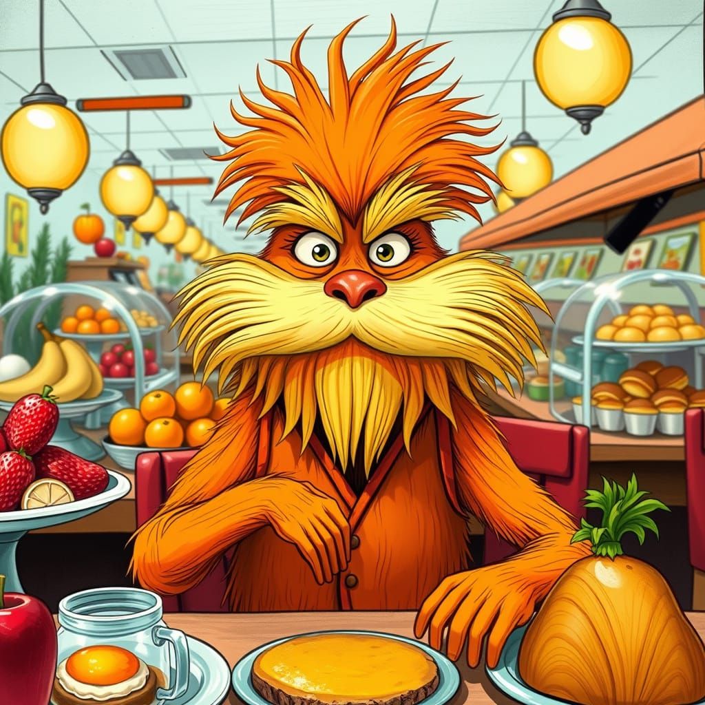 Lorax at Breakfast Buffet in Seuss Style