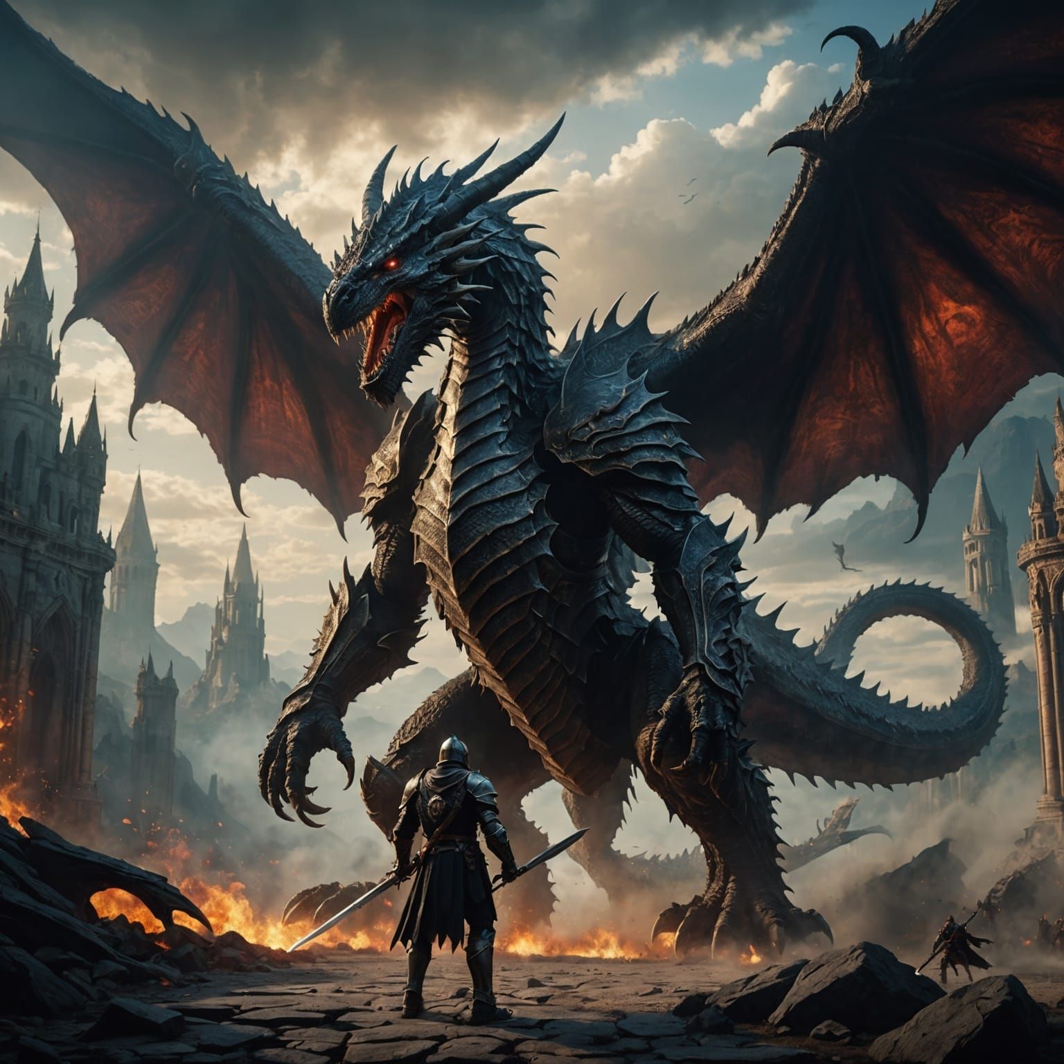 Winged Knight Confronts Death Dragon in Sky Arena