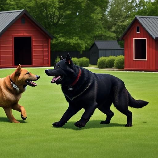Dogs Playing in Yard with Dog Houses