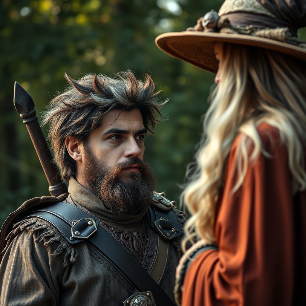 Warrior Confronts Witch in Natural Setting, Professional Pho...