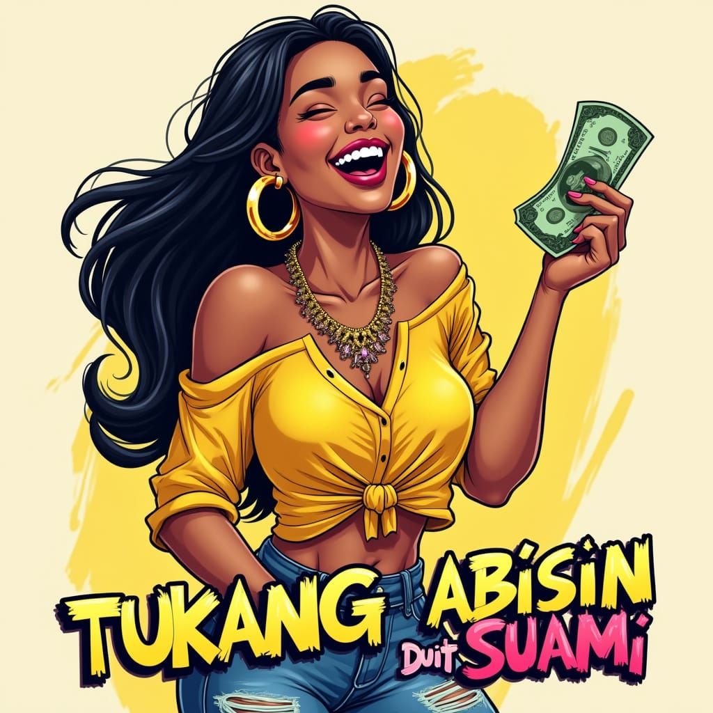 Vibrant Cartoon Woman with Exaggerated Laughter and Bold Acc...