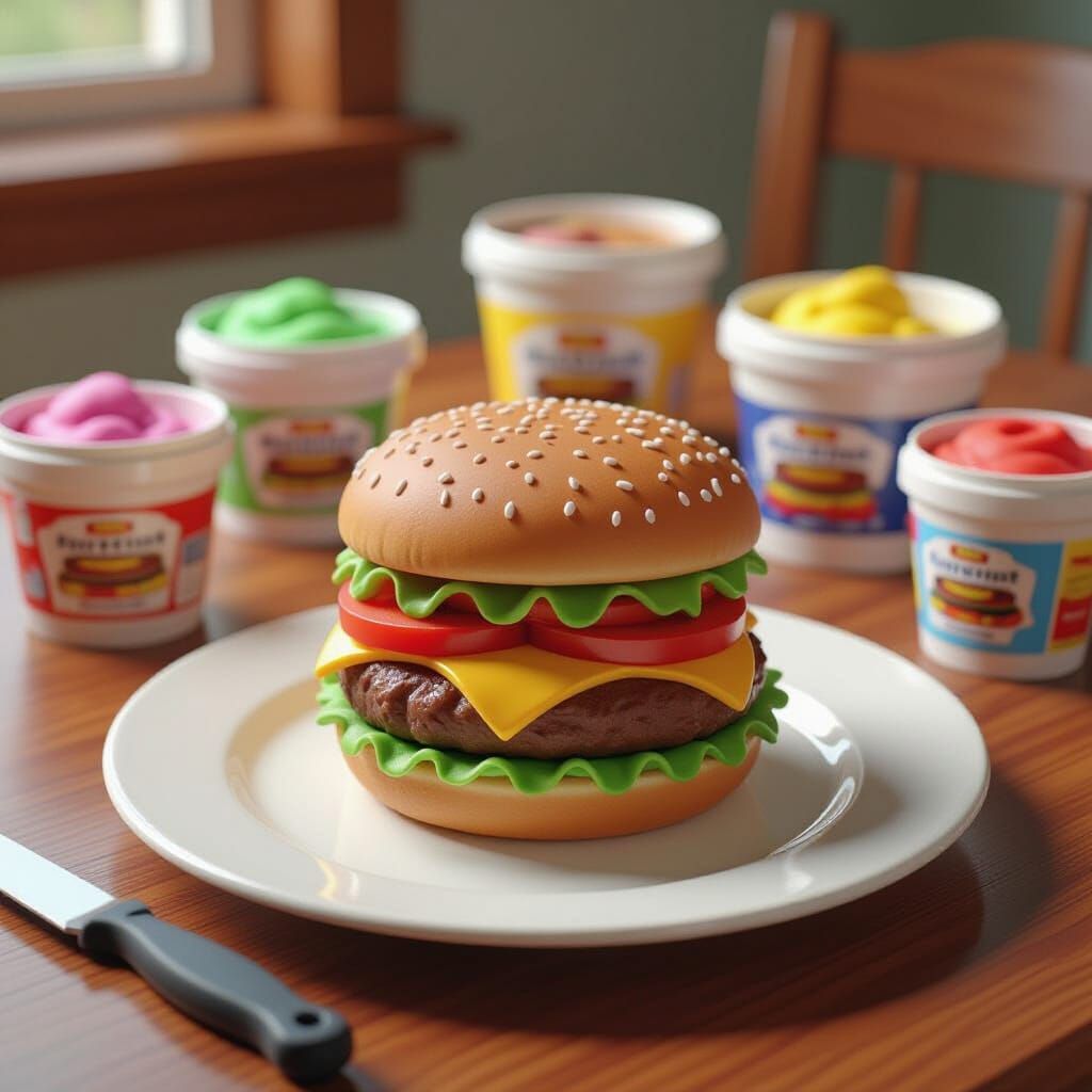 Hyper-Realistic Play Dough Hamburger on Wooden Table